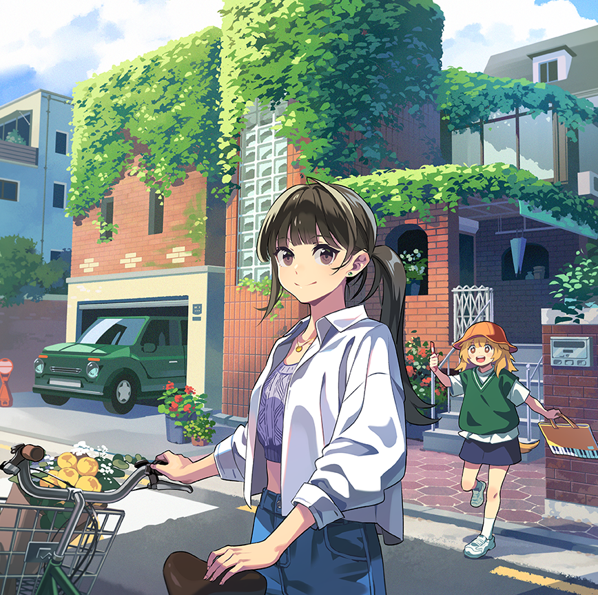 2girls :d animal_ears arm_support arm_up backlighting bag bangs basket bf._(sogogiching) bicycle bicycle_basket black_hair blonde_hair blue_skirt blunt_bangs bouquet brick brick_wall bright_pupils brown_eyes building car closed_mouth cloud collared_jacket cowboy_shot crop_top cropped_sweater dappled_sunlight day denim dog_ears dog_girl dog_tail dot_nose earrings ears_down eyebrows_visible_through_hair film_grain flower flower_pot from_side garage glass green_sweater_vest ground_vehicle hat holding holding_bag house jacket jewelry layered_sleeves leg_up long_hair long_sleeves looking_at_viewer looking_to_the_side mailbox_(incoming_mail) midriff miniskirt motor_vehicle multiple_girls necklace open_clothes open_jacket open_mouth orange_headwear original overhead_door pavement pendant piano_print plant ponytail potted_plant puffy_long_sleeves puffy_sleeves purple_sweater railing red_flower ribbed_sweater road road_sign round_teeth running shirt shoes short_sleeves sidewalk sign skirt sleeves_folded_up smile sneakers socks standing street stud_earrings sunlight sweater sweater_vest t-shirt tail tareme teeth upper_teeth vines wavy_hair white_footwear white_jacket white_legwear white_pupils white_shirt wide_shot window wing_collar yellow_flower