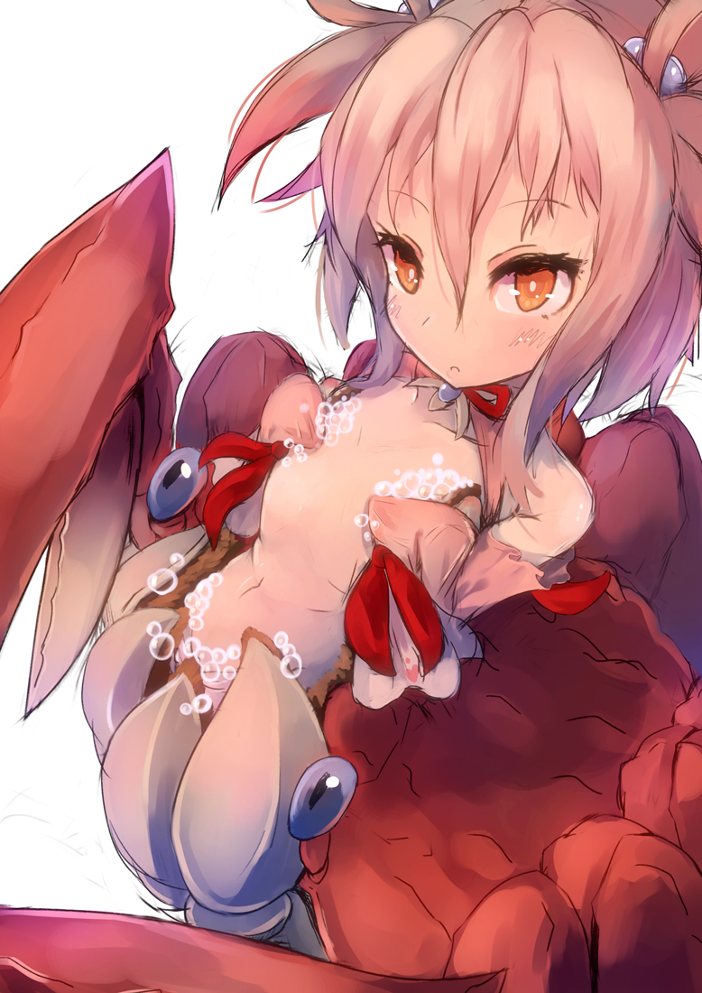 1girl :c arthropod_girl bare_shoulders blush brooch bubble cancer_(monster_girl_encyclopedia) commentary_request covering_nipples crab_girl flat_chest hair_between_eyes hair_ornament jewelry long_sleeves monster_girl monster_girl_encyclopedia multicolored_hair navel orange_eyes red_hair red_ribbon ribbon simple_background sketch sleeves_past_wrists solo taur totoya_z turtleneck two_side_up white_background