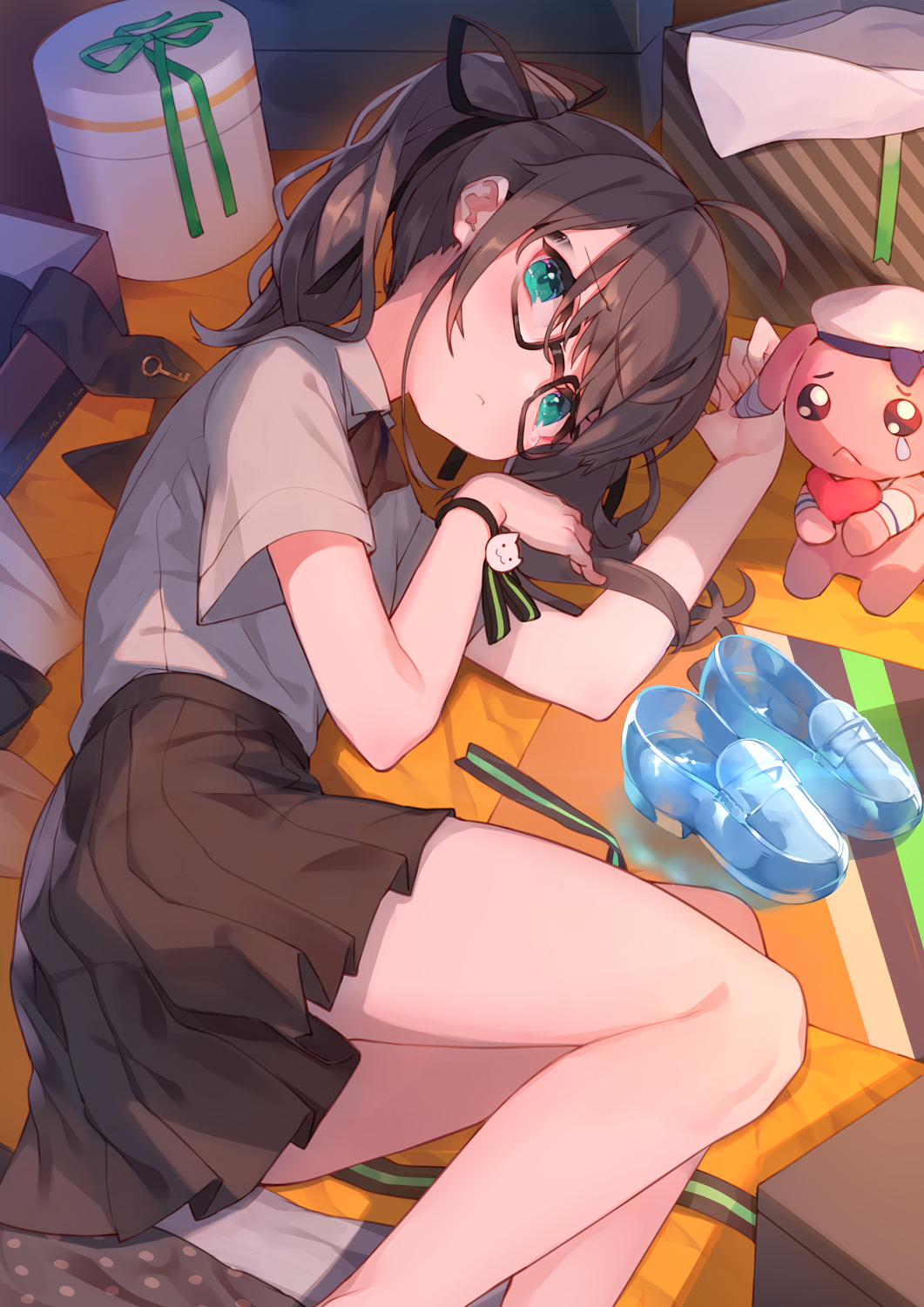 1girl arm_up bangs black-framed_eyewear blue_footwear bow brown_bow brown_hair brown_skirt collared_shirt commentary_request eyebrows_visible_through_hair feet_out_of_frame glasses green_eyes hair_between_eyes hand_up highres hololive loafers lying natsuiro_matsuri on_side pleated_skirt ponytail shindou_kamichi shirt shoes shoes_removed short_sleeves skirt solo virtual_youtuber white_shirt