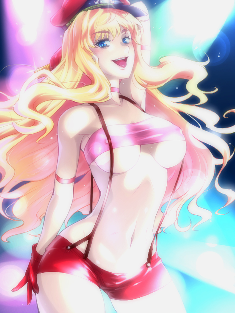 1girl arms_up blonde_hair blue_eyes breasts female gloves hairu hat hotpants long_hair macross macross_frontier microphone navel open_mouth sheryl_nome short_shorts shorts smile solo spotlight stripper suspenders tongue tubetop underboob