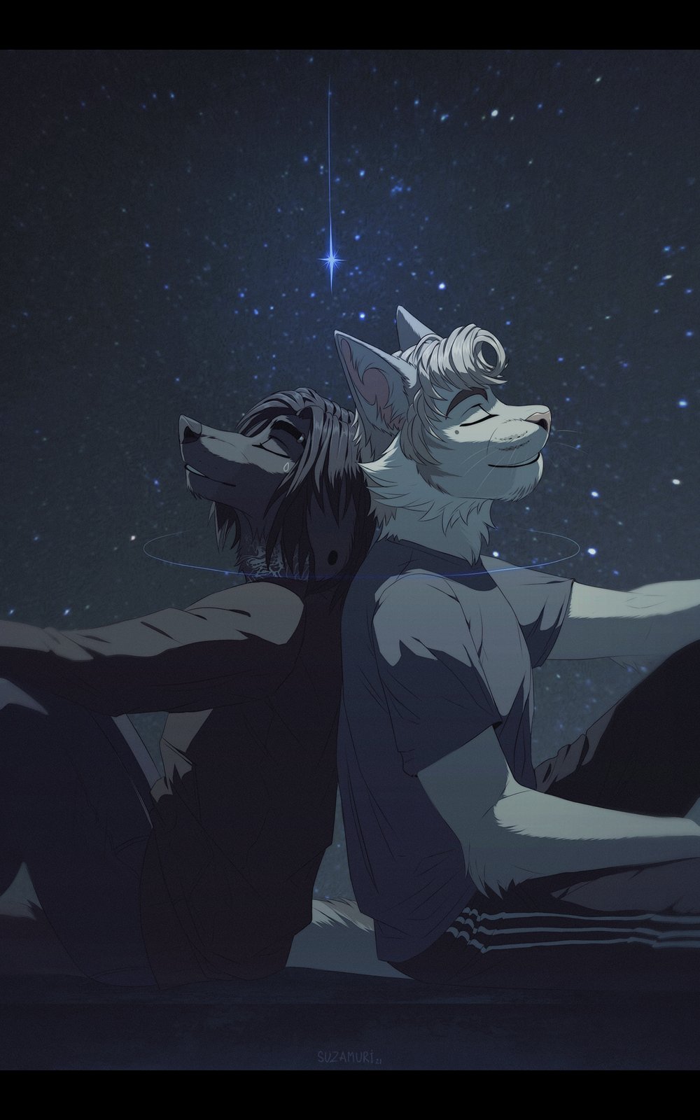 2021 anthro black_hair canid canine canis clothed clothing detailed_background digital_media_(artwork) domestic_dog duo felid feline fur hair hi_res male mammal myarukawolf night outside sky smile star starry_sky white_body white_fur