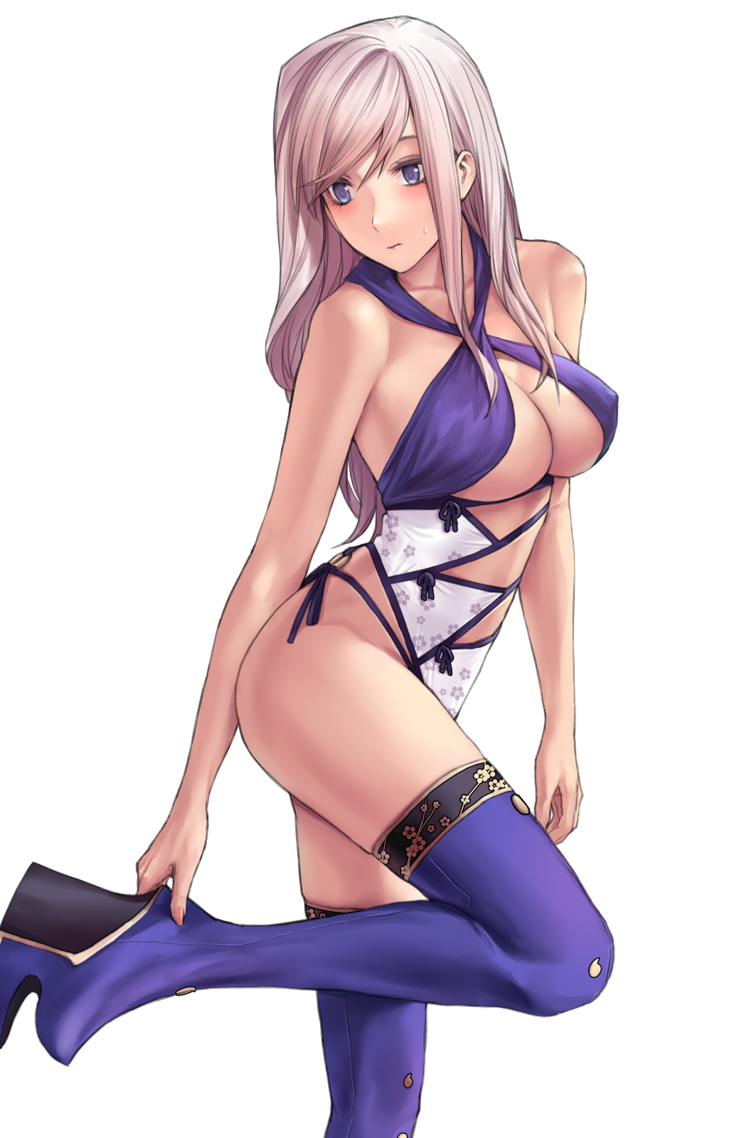 1girl adjusting_footwear applekun bangs bare_arms bare_shoulders blue_eyes blush boots breasts casual_one-piece_swimsuit cleavage closed_mouth collarbone eyebrows_behind_hair fate/grand_order fate_(series) floral_print high_heel_boots high_heels highres large_breasts leg_up long_hair miyamoto_musashi_(fate) miyamoto_musashi_(swimsuit_berserker)_(fate) official_alternate_costume one-piece_swimsuit print_swimsuit purple_footwear side-tie_swimsuit silver_hair solo standing standing_on_one_leg sweatdrop swept_bangs swimsuit