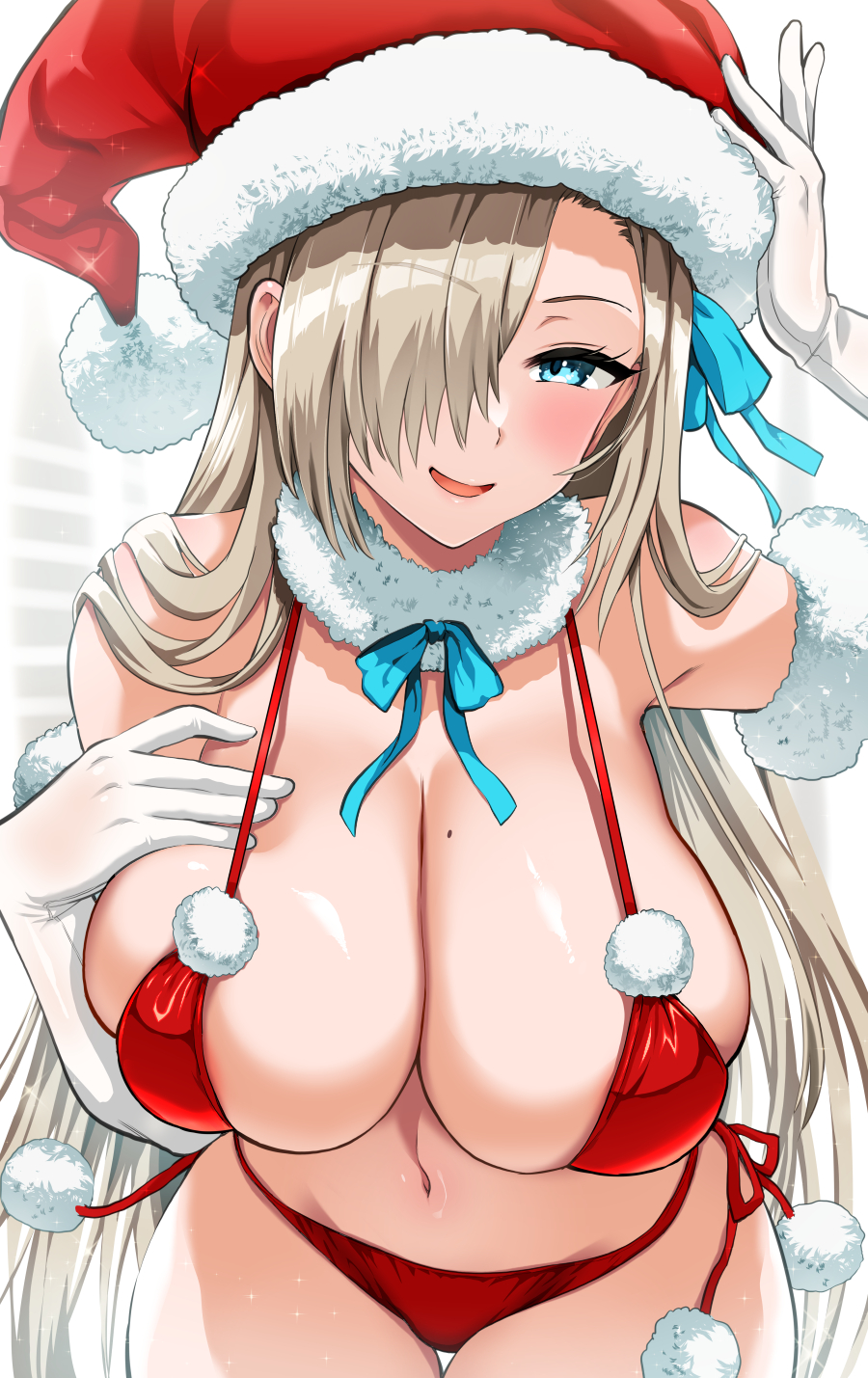 1girl asuna_(blue_archive) bangs bare_shoulders bikini blue_archive blue_eyes blush breasts cleavage collarbone elbow_gloves fur-trimmed_headwear gloves hair_over_one_eye hat highres kojima_saya large_breasts light_brown_hair long_hair looking_at_viewer mole mole_on_breast navel open_mouth red_bikini red_headwear santa_hat smile solo swimsuit thighs white_gloves