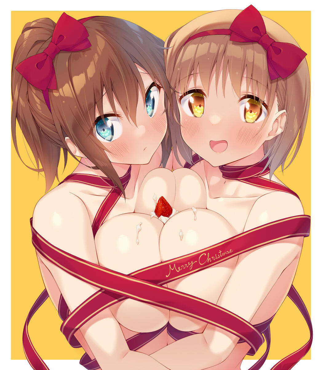 2girls :d bangs blue_eyes blush bow breast_press breasts brown_hair christmas collarbone commentary eyebrows_visible_through_hair eyes_visible_through_hair food fruit hair_between_eyes hair_bow highres ichi_makoto large_breasts looking_at_viewer merry_christmas multiple_girls naked_ribbon original ponytail red_bow red_ribbon ribbon short_hair smile strawberry symmetrical_docking upper_body yellow_eyes