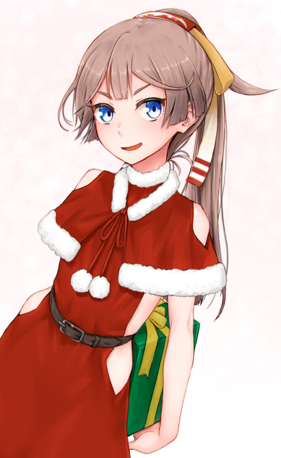 1girl blue_eyes box brown_hair capelet christmas clothing_cutout dress flat_chest fur-trimmed_capelet fur_trim gift gift_box hair_ribbon highres holding holding_gift kantai_collection kazagumo_(kancolle) long_hair namiki_kojiro ponytail red_capelet red_dress remodel_(kantai_collection) ribbon santa_costume santa_dress shoulder_cutout sleeveless sleeveless_dress solo