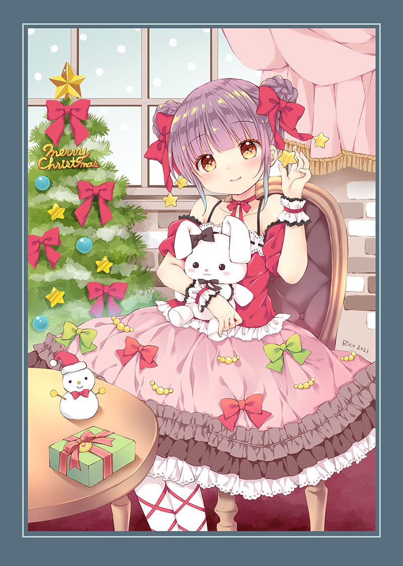 bare_shoulders border bow box braid brick_wall brown_eyes christmas christmas_ornaments christmas_tree closed_mouth collarbone commentary_request curtains detached_sleeves double_bun dress frilled_skirt frills fringe_trim gift gift_box grey_border hair_bow hand_up head_tilt merry_christmas object_hug original pantyhose pink_skirt puffy_short_sleeves puffy_sleeves purple_hair red_bow red_dress red_sleeves rico_(pico-ba) short_sleeves skirt smile snowman star_(symbol) stuffed_animal stuffed_bunny stuffed_toy table white_legwear window wrist_cuffs