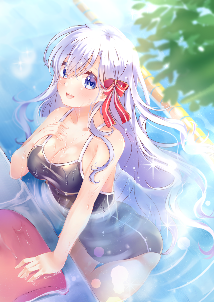 1girl :d bangs blue_eyes blush bow breasts cleavage collarbone commentary competition_swimsuit day hair_between_eyes hair_bow hand_on_own_chest highres kickboard lane_line large_breasts lens_flare long_hair looking_at_viewer mashiro_aa moe2017 one-piece_swimsuit open_mouth original outdoors partially_submerged pool revision round_teeth school_swimsuit silver_hair smile solo sparkle swimsuit teeth very_long_hair water wet