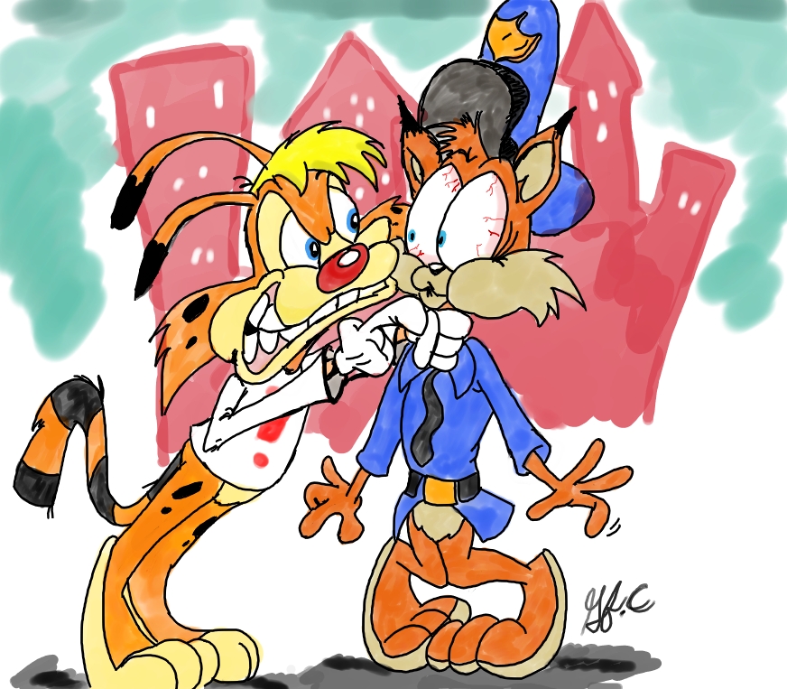 asphyxiation bobcat bonkers_(series) bonkers_d._bobcat bubsy bubsy_(series) choking clothing crossover duo felid feline hat headgear headwear lynx male mammal police_uniform spongefox uniform video_games