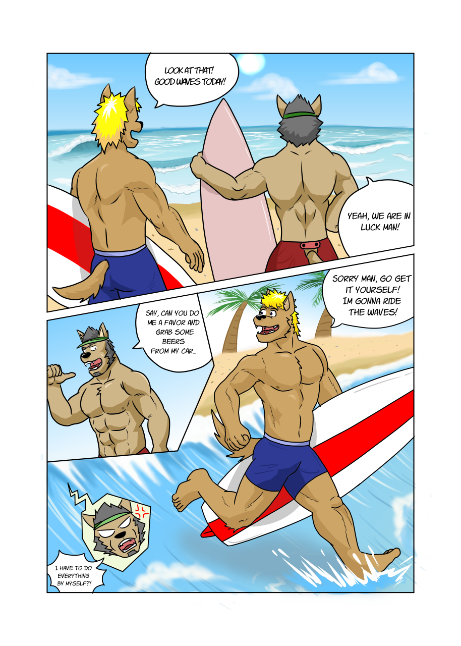 abs angry anthro athletic athletic_anthro athletic_male barefoot beach black_hair blonde_hair blue_bottomwear blue_clothing blue_shorts bottomwear brown_body brown_fur canid canine canis clothed clothing cloud comic dialogue domestic_dog duo english_text feet fur furgonomics guss_(vju79) hair happy hat headgear headwear hi_res holding_object male mammal muscular muscular_anthro muscular_male outside palm_tree plant rear_view red_bottomwear red_clothing red_shorts roj_(vju79) running sea seaside shorts sky surfboard surfer text topless topless_male tree visor_cap vju79 water wave wolf