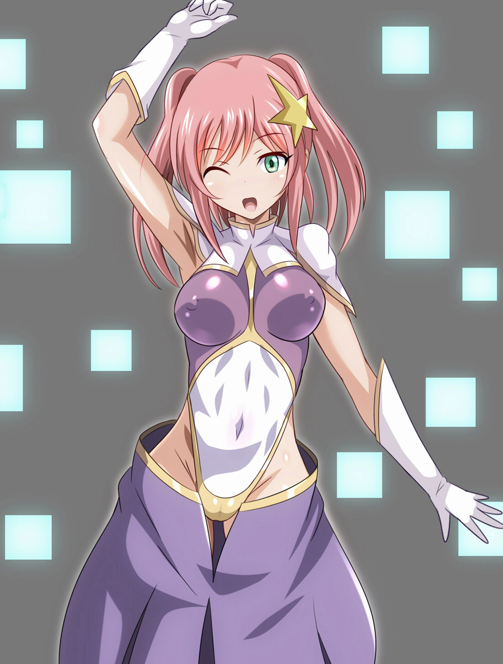 1girl arm_up breasts commentary_request cosplay covered_navel cowboy_shot gloves green_eyes gundam gundam_breaker_mobile gundam_seed gundam_seed_destiny hair_ornament heigani_(rovesuke) highleg highleg_leotard highres leotard long_hair looking_at_viewer medium_breasts meer_campbell meer_campbell_(cosplay) miyama_sana multicolored_leotard pink_hair purple_skirt skirt solo star_(symbol) star_hair_ornament two_side_up white_gloves