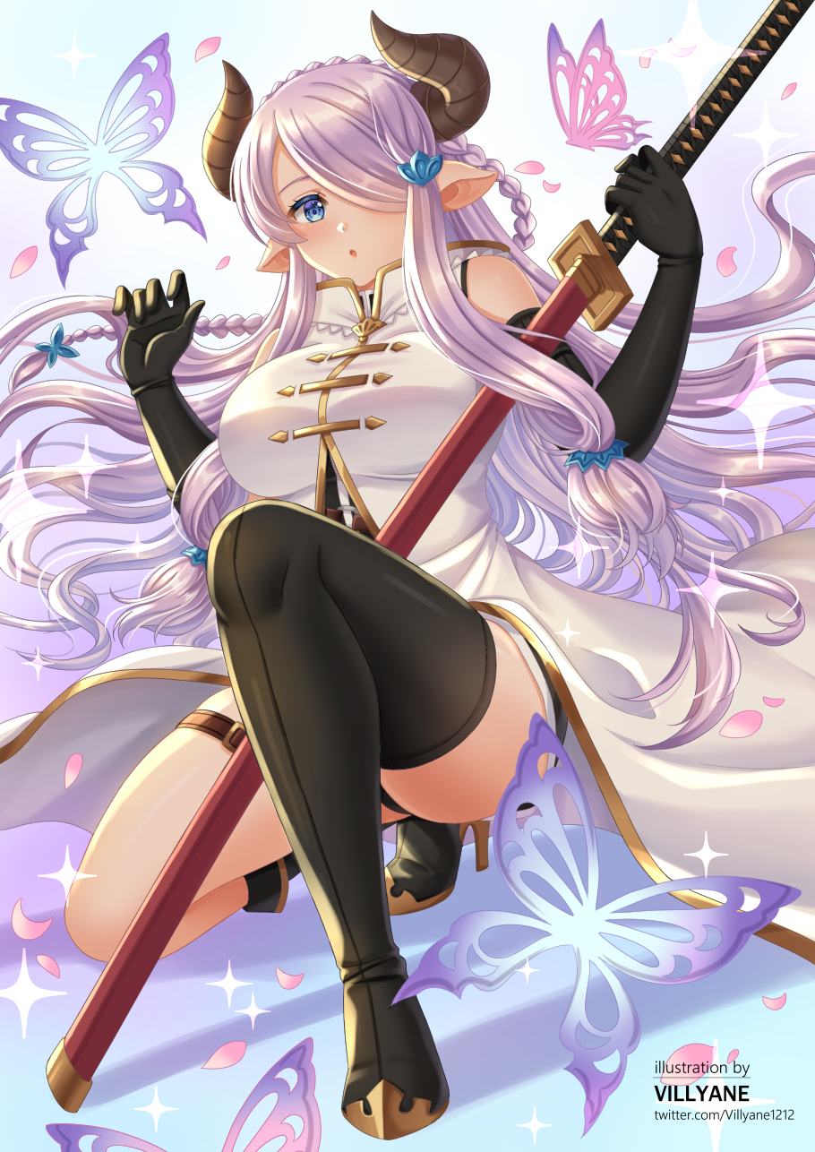 1girl :o animal artist_name asymmetrical_footwear bare_shoulders black_footwear black_gloves black_legwear black_shorts blue_eyes blush boots braid breasts bug butterfly commentary_request curled_horns draph elbow_gloves gloves granblue_fantasy hair_over_one_eye hands_up highres holding holding_sword holding_weapon horns jacket katana large_breasts long_hair narmaya_(granblue_fantasy) parted_lips pointy_ears purple_hair sheath sheathed short_shorts shorts single_thigh_boot solo sword thigh_boots thighhighs very_long_hair villyane watermark weapon web_address white_jacket