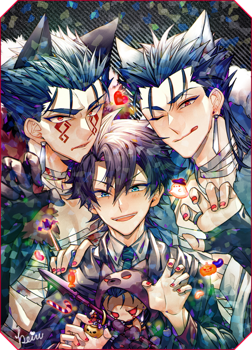 animal_ears bandaged_neck bandages bangs black_hair blue_eyes blue_hair candy cape capelet chaldea_uniform commentary cu_chulainn_(caster)_(fate) cu_chulainn_(fate) cu_chulainn_alter_(fate/grand_order) earrings facepaint facial_mark fate/grand_order fate_(series) filter fingernails food fujimaru_ritsuka_(male) fur-trimmed_hood fur_trim gloves halloween halloween_bucket heart holding hood hooded_capelet jelly_bean jewelry ji_yu long_hair long_sleeves looking_at_viewer male_focus mini_cu-chan_(fate) multiple_boys nail_polish necktie open_mouth orange_nails pectorals red_eyes ring short_hair signature smile spiked_hair tattoo teeth weapon wolf_ears