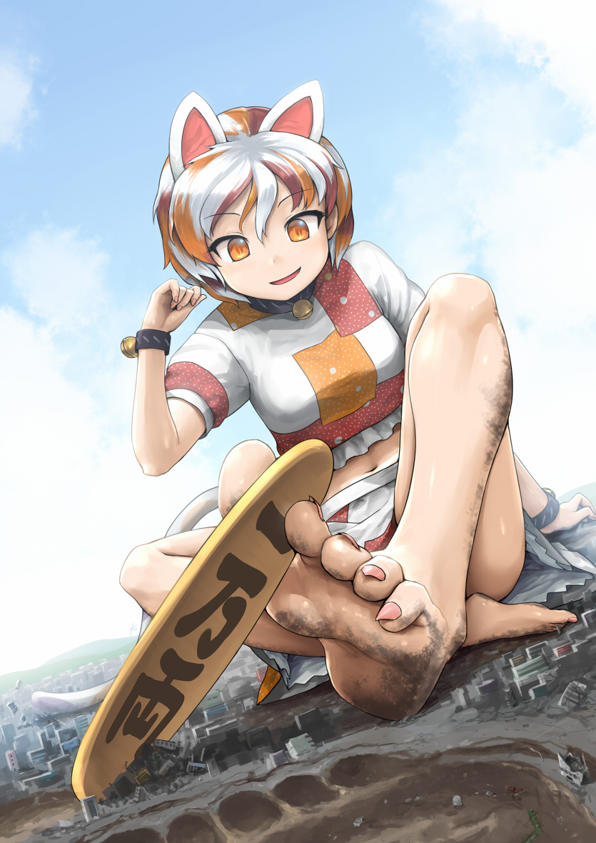 1girl animal_ears barefoot bell cat_ears cat_tail crop_top day ebizome eyebrows_visible_through_hair giant giantess gold goutokuji_mike hair_between_eyes jingle_bell koban_(gold) multicolored_hair open_mouth orange_eyes patches short_hair short_sleeves shorts smile solo streaked_hair tail toenails touhou white_hair white_shorts