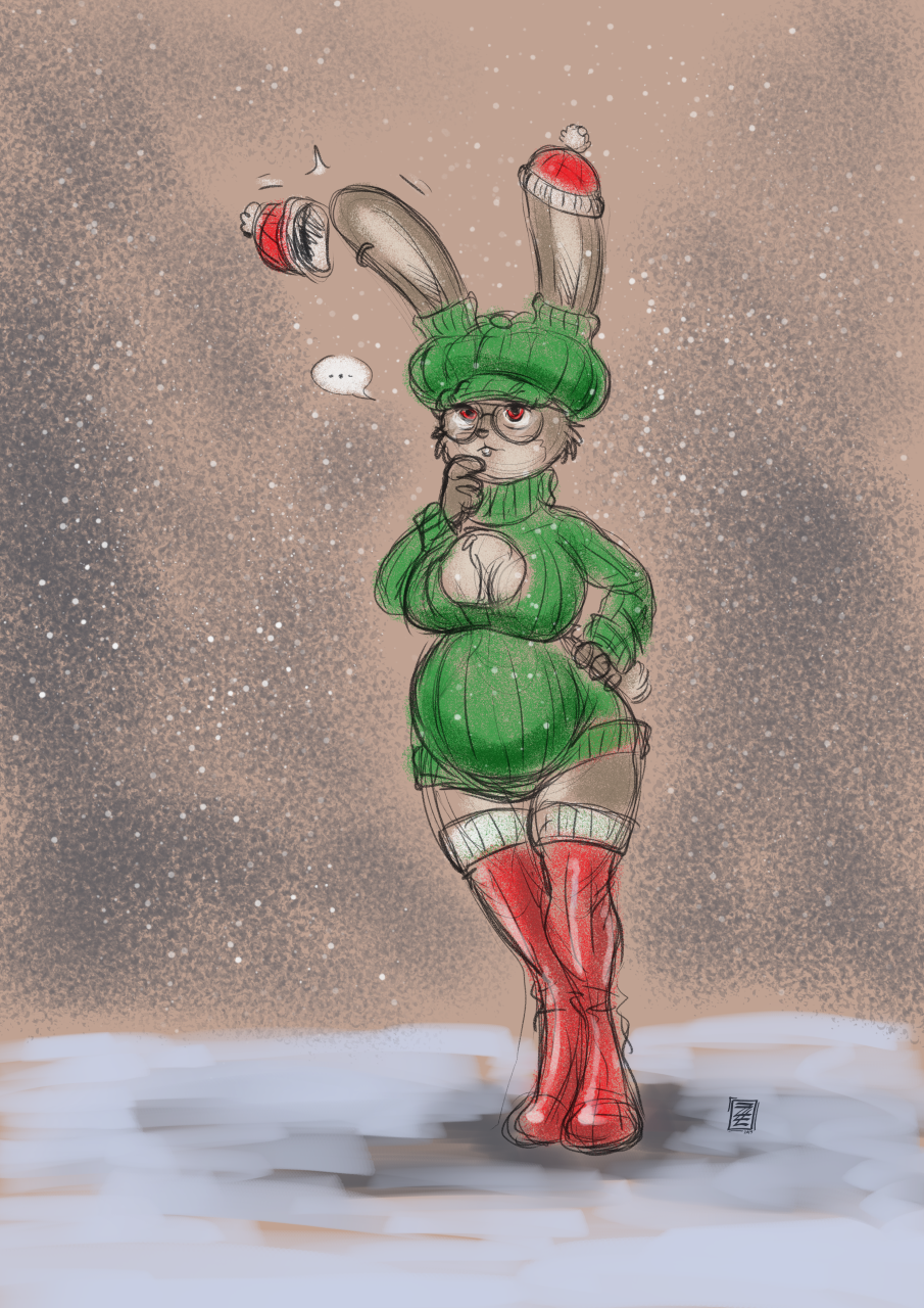2019 abstract_background anthro boots breasts christmas christmas_clothing christmas_headwear cleavage clothed clothing eyewear female footwear furgonomics glasses hat headgear headwear hi_res holidays lagomorph legwear leporid mammal pregnant rabbit red_eyes s-nina santa_hat snow snowing solo sweater thigh_boots thigh_highs thought_bubble topwear