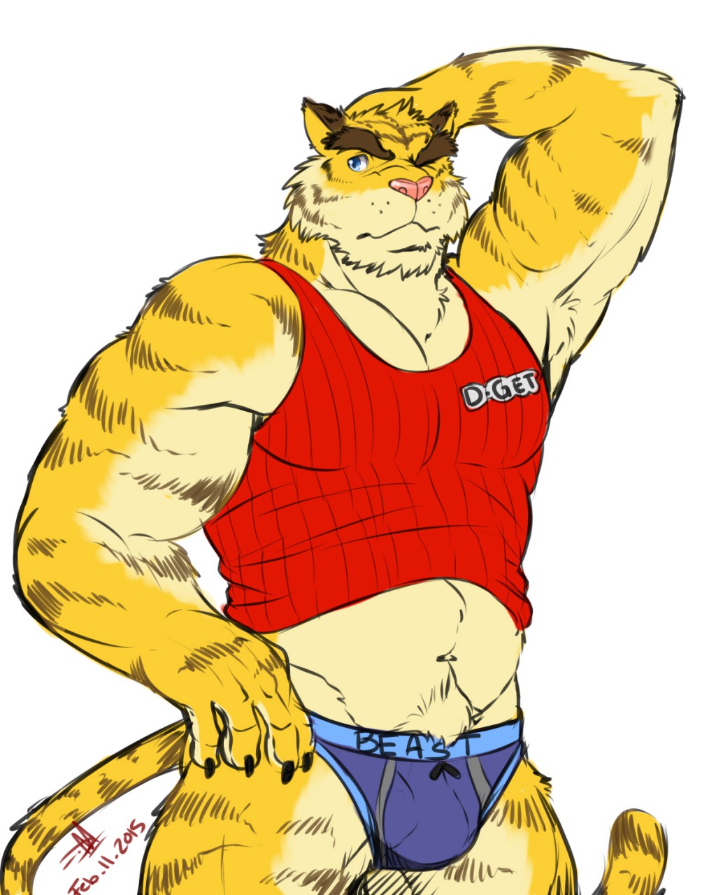 2015 anthro blue_clothing blue_eyes blue_underwear clothed clothing felid feline fur hi_res itsdhani male mammal morenatsu muscular muscular_male pantherine pink_nose raised_clothing raised_shirt raised_topwear red_clothing red_shirt red_tank_top red_topwear scratching_head shirt simple_background solo striped_body stripes tank_top tiger topwear torahiko_(morenatsu) underwear video_games visual_novel white_background yellow_body yellow_fur