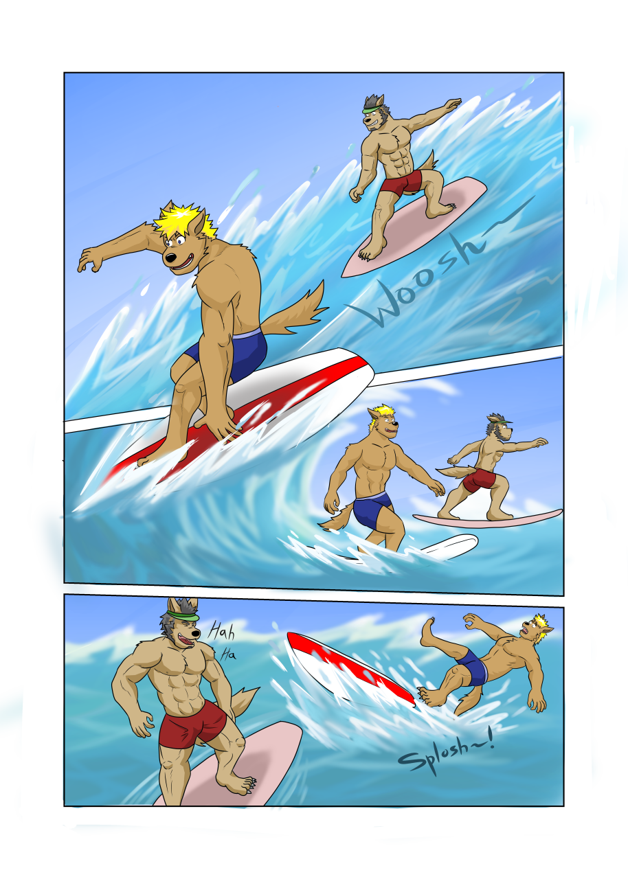 5_fingers 5_toes abs anthro athletic athletic_anthro athletic_male barefoot black_hair blonde_hair blue_bottomwear blue_clothing blue_shorts bottomwear brown_body brown_fur canid canine canis clothed clothing comic domestic_dog duo english_text falling feet fingers fur guss_(vju79) hair happy hat headgear headwear hi_res laugh male mammal muscular muscular_anthro muscular_male onomatopoeia open_mouth open_smile red_bottomwear red_clothing red_shorts roj_(vju79) sea shorts sky smile sound_effects surfboard surfer surfing text toes topless topless_male visor_cap vju79 water wave wolf