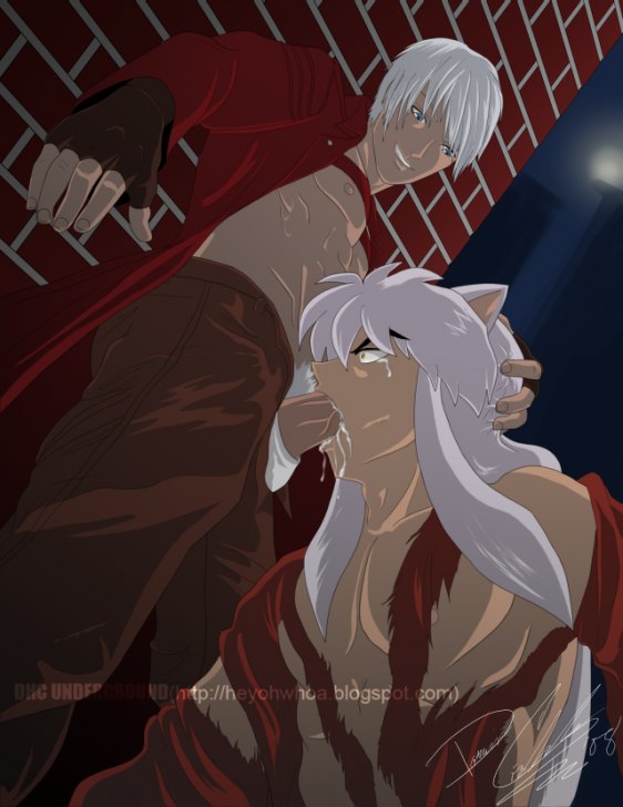 2boys animal_ears capcom crossover cry dante devil_may_cry devil_may_cry_3 fellatio fingerless_gloves gloves inuyasha inuyasha_(character) male multiple_boys open_clothes open_shirt oral tears torn_clothes yaoi