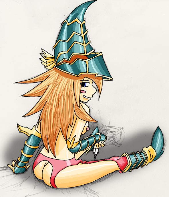 areolae ass blue_eyes blush boots breasts brown_hair garters hat large_breasts looking_back magician's_valkyria nipples solo yuu-gi-ou yuu-gi-ou_duel_monsters