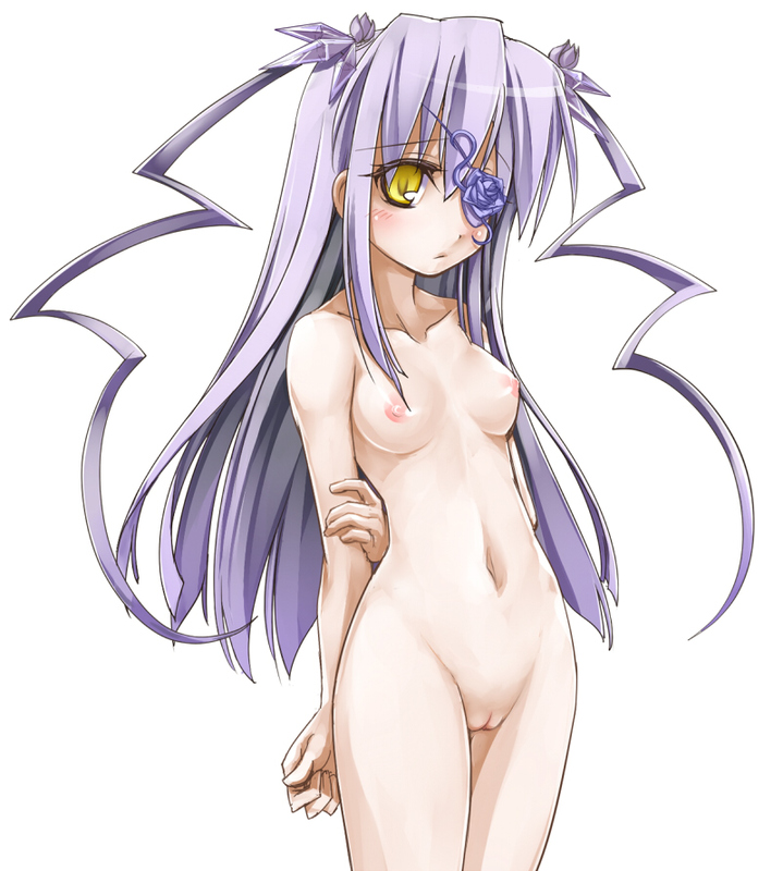 barasuishou blush breasts eyepatch hair_ornament long_hair navel nipples nude purple_hair pussy rozen_maiden sasa_ichi small_breasts solo twintails yellow_eyes