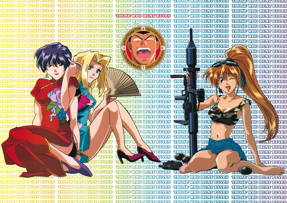 1boy 3girls barefoot blonde_hair blue_dress blue_eyes blue_skirt brown_eyes brown_hair camouflage celcia_marie_claire china_dress chinese_clothes copyright_name crop_top dress elf elf_wo_karu_mono-tachi explosive folding_fan goggles goggles_on_head gotou_keiji grenade gun hand_fan high_heels high_ponytail holding holding_fan holding_gun holding_weapon inoue_ritsuko komiyama_airi lipstick long_hair makeup miniskirt multiple_girls navel official_art one_eye_closed open_mouth pleated_skirt pointy_ears pumps purple_hair red_dress red_lips rocket_launcher ryuzouji_junpei short_hair sitting skirt smile wariza weapon