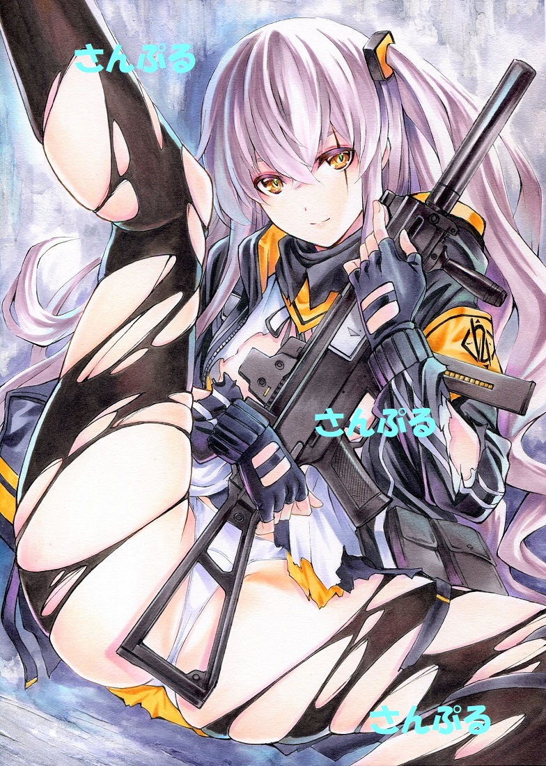 1girl black_gloves black_legwear brown_eyes closed_mouth girls'_frontline gloves grey_hair gun h&amp;k_ump45 holding holding_gun holding_weapon jacket long_hair looking_at_viewer marker_(medium) one_side_up pantyhose sample scar scar_across_eye smile solo spread_legs suppressor torn_clothes torn_legwear traditional_media ump45_(girls'_frontline) weapon yqgkg