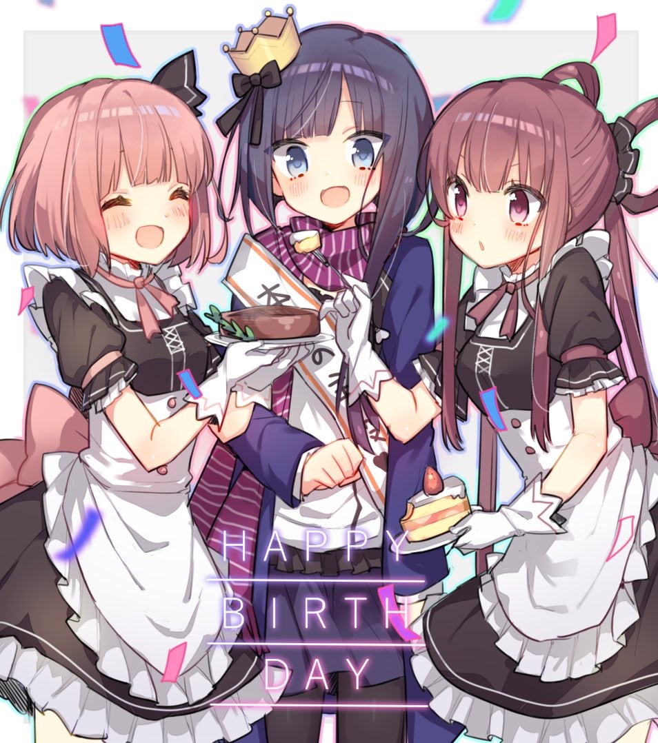 3girls apron asano_hazuki bangs birthday birthday_cake blue_eyes blue_hair blush breasts cake closed_mouth coat crown eyebrows_behind_hair eyebrows_visible_through_hair food hair_ornament hair_ribbon hamo_(maca-roon) happy_birthday long_hair looking_at_another maid maid_apron multiple_girls open_mouth pink_hair purple_eyes raramagi ribbon scarf school_uniform shirt short_hair skirt smile twintails uniform