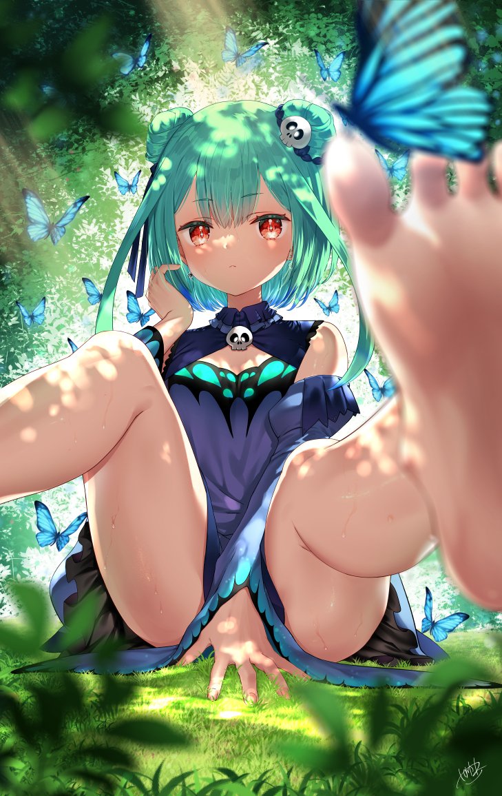 1girl bangs bare_legs barefoot blue_butterfly blue_dress blue_hair blue_ribbon blurry blurry_foreground bug butterfly closed_mouth commentary_request depth_of_field double_bun dress earrings eyebrows_visible_through_hair feet foreshortening grass green_hair hair_ornament hair_ribbon hololive jewelry long_hair long_sleeves looking_at_viewer multicolored_hair nature outdoors red_eyes ribbon signature skull_hair_ornament solo streaked_hair sweat uruha_rushia virtual_youtuber yasuyuki