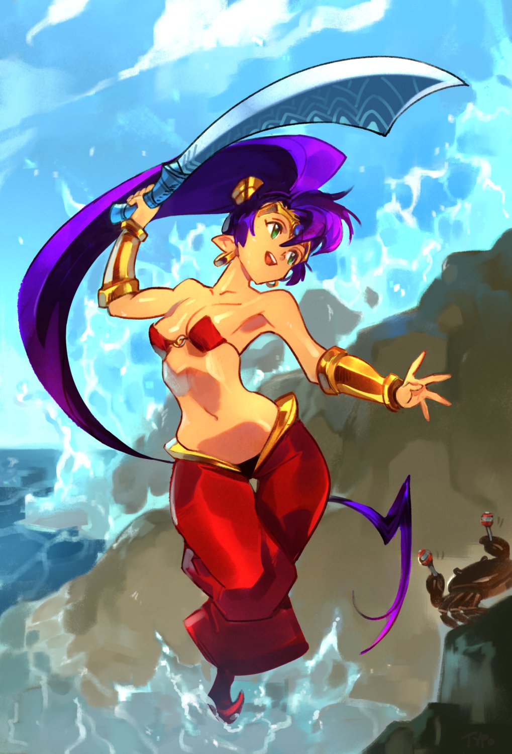 1girl arabian_clothes blue_sky bracer breasts commentary crab cutlass_(sword) dark-skinned_female dark_skin earrings english_commentary forehead_jewel hair_ornament harem_pants high_ponytail highres holding holding_sword holding_weapon hoop_earrings instrument jewelry long_hair maracas o-ring o-ring_top ocean optionaltypo outdoors pants pointy_ears pointy_footwear purple_hair red_footwear shantae shantae_(series) sky small_breasts solo sword tiara very_long_hair waves weapon