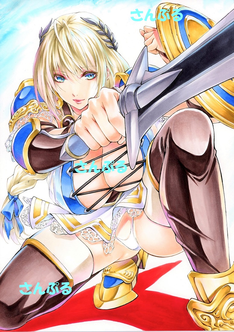 1girl armor armored_dress bangs black_legwear blonde_hair blue_eyes braid breasts closed_mouth cross-laced_clothes foreshortening hair_ornament hair_ribbon holding holding_sword holding_weapon kneeling knight large_breasts laurel_crown long_hair looking_at_viewer marker_(medium) panties pantyshot ribbon shield shoulder_pads single_braid smile solo sophitia_alexandra soulcalibur soulcalibur_vi sword thighhighs traditional_media underwear vambraces weapon white_panties yqgkg