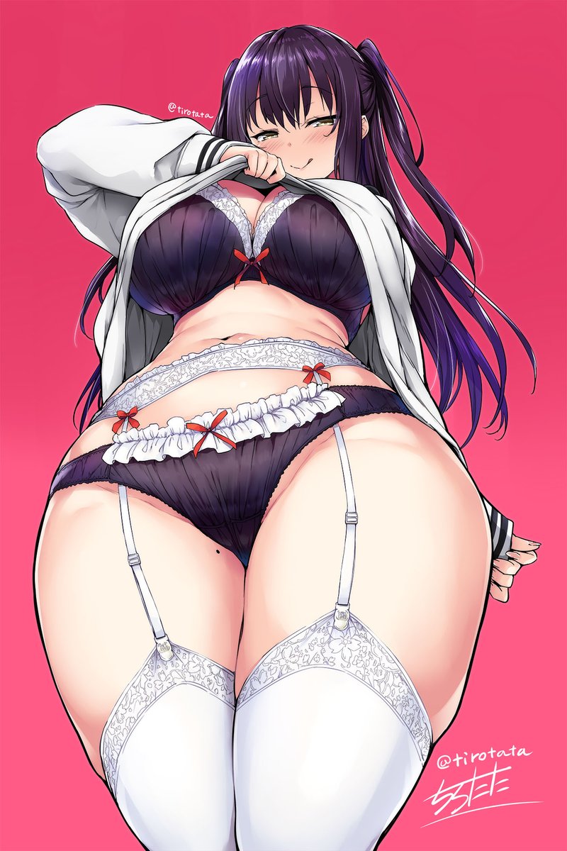 1girl bangs bra breasts cleavage clothes_lift clothes_pull commentary_request frills garter_belt garter_straps highres large_breasts legs_together licking_lips long_sleeves looking_at_viewer mole mole_on_thigh naughty_face navel original panties purple_bra purple_hair purple_panties seductive_smile shirt shirt_lift shirt_pull smile solo thick_thighs thighhighs thighs tirotata tongue tongue_out twintails underwear white_legwear yellow_eyes