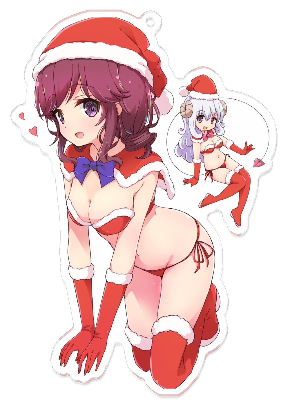2girls bangs bikini boots bow bowtie breasts christmas cleavage collar commentary_request demon_girl demon_horns demon_tail detached_collar eyebrows_visible_through_hair floating full_body fur-trimmed_collar gloves hat heart highres horns long_hair looking_at_viewer machikado_mazoku medium_breasts mel_(melty_pot) minigirl multiple_girls navel open_mouth outline pom_pom_(clothes) purple_eyes purple_hair red_bikini red_collar red_footwear red_gloves santa_bikini santa_boots santa_gloves santa_hat short_hair side-tie_bikini silver_hair simple_background smile swimsuit tail thigh_boots thighhighs wavy_hair white_background white_headwear yorishiro_(machikado_mazoku) yoshida_ryouko