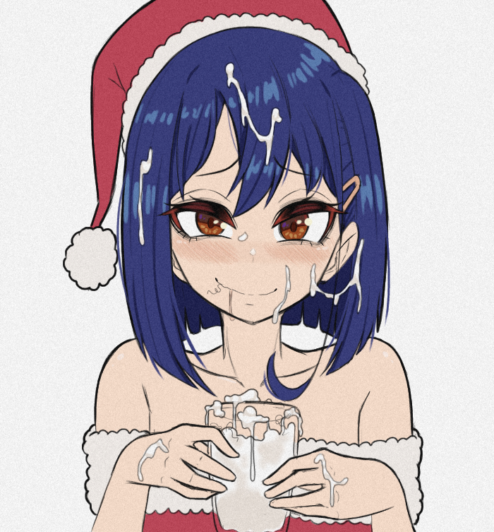 1girl bare_shoulders blue_hair blush brown_eyes closed_mouth collarbone cum cup drinking_glass eyebrows_visible_through_hair facial flip_flappers hair_ornament hairclip hat holding holding_cup kokomine_cocona looking_at_viewer pubic_hair red_headwear santa_costume santa_hat short_hair smile solo upper_body young_savage