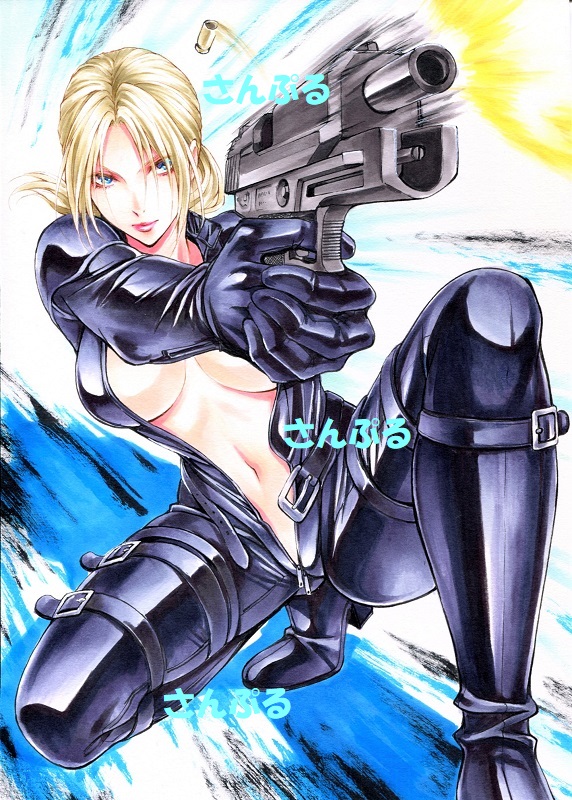 1girl blonde_hair blue_eyes bodysuit breasts catsuit center_opening cleavage closed_mouth firing foreshortening gun handgun kneeling large_breasts latex looking_at_viewer marker_(medium) navel nina_williams sample smile solo tekken thigh_strap traditional_media unzipped weapon yqgkg