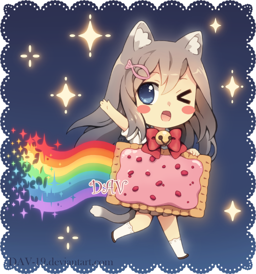 &gt;_o 1girl animal_ear_fluff animal_ears arm_up bell blue_background blue_eyes blush_stickers bow bowtie cat_ears cat_girl cat_tail chibi commentary dav-19 deviantart_username english_commentary fish_hair_ornament food gradient gradient_background grey_hair grey_tail hair_ornament holding holding_food jingle_bell long_hair neck_bell nyan_cat one_eye_closed open_mouth original oversized_object pop_tart rainbow red_bow red_bowtie shoes short_sleeves simple_background socks solo sparkle sparkle_background standing tail watermark waving web_address white_legwear