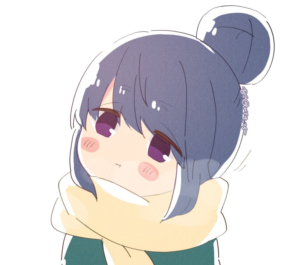1girl :t atu bangs blue_hair blush blush_stickers closed_mouth commentary_request hair_bun long_hair looking_up purple_eyes scarf shima_rin simple_background solo twitter_username upper_body white_background yellow_scarf yurucamp