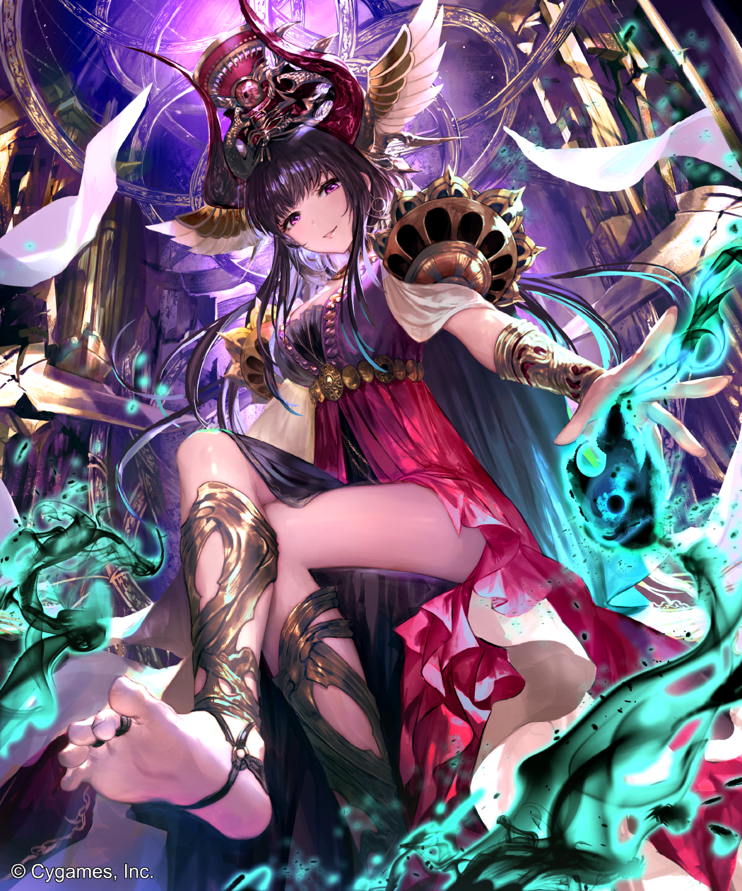 1girl bangs barefoot black_hair breasts cape cleavage closed_mouth dress floating_hair from_below head_wings highres horns irua large_breasts long_hair looking_at_viewer magic purple_dress red_eyes shadowverse shiny shiny_hair shiny_skin sitting sleeveless sleeveless_dress smile soles solo