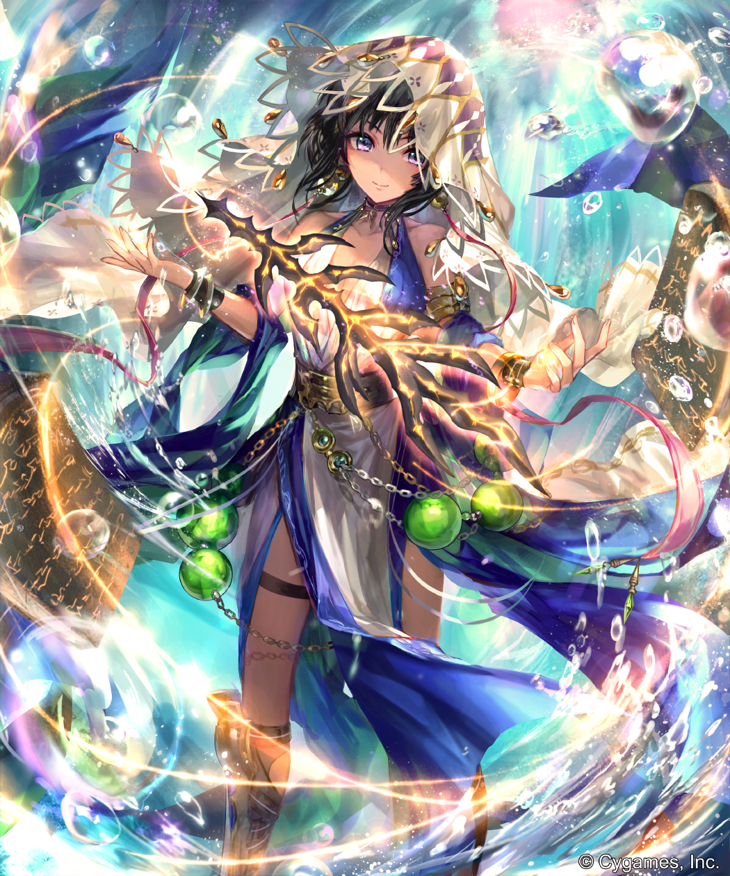 1girl black_hair blue_eyes blue_sleeves bracelet breasts cleavage closed_mouth collarbone detached_sleeves dress floating_hair highres irua jewelry looking_at_viewer medium_breasts medium_hair shadowverse sleeveless sleeveless_dress smile solo standing thigh_strap veil