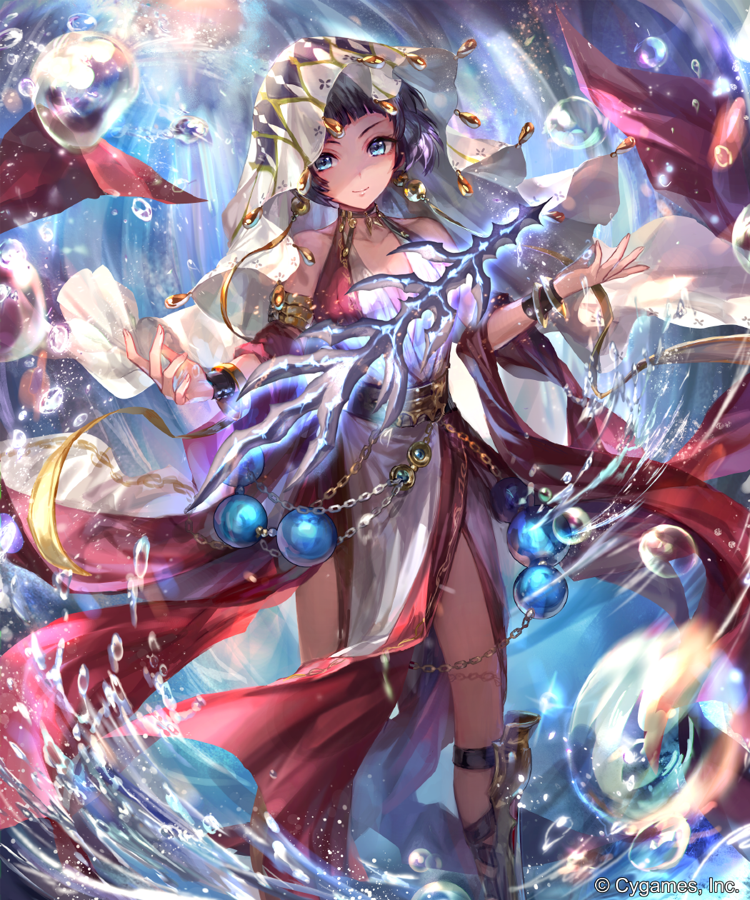 1girl blue_eyes chain closed_mouth collarbone detached_sleeves dress highres irua looking_at_viewer purple_hair red_dress red_sleeves shadowverse short_hair sleeveless sleeveless_dress smile solo standing veil water