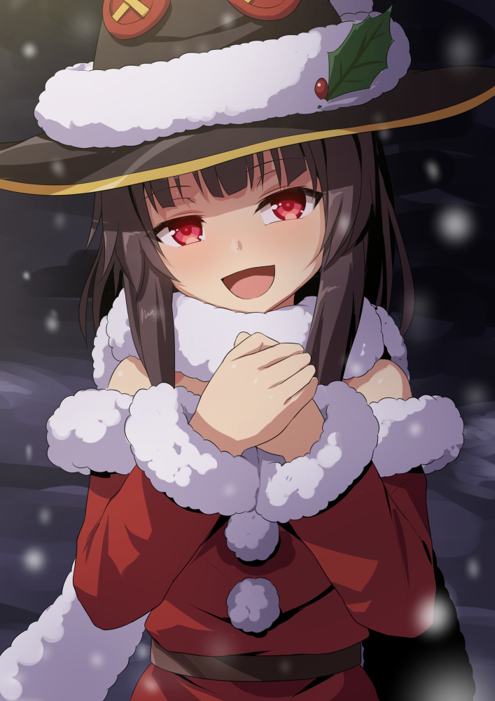 1girl :d bangs bare_shoulders belt black_headwear blurry blurry_background brown_belt brown_hair christmas detached_sleeves dress fur-trimmed_shirt fur_collar fur_trim hat kono_subarashii_sekai_ni_shukufuku_wo! medium_hair megumin open_mouth own_hands_together red_dress red_eyes santa_costume santa_hat shirt smile snowing solo umarutsufuri witch_hat