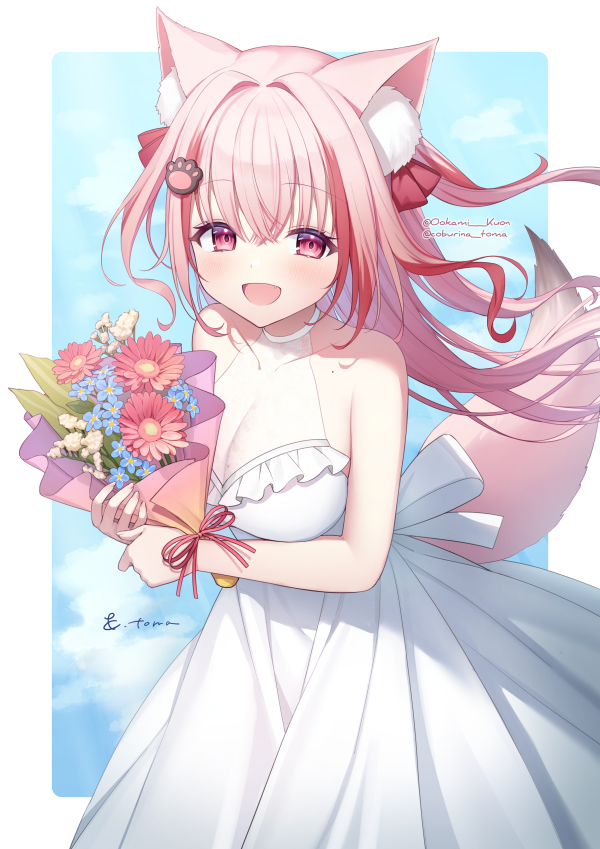 1girl :d animal_ear_fluff animal_ears bare_arms bare_shoulders blue_flower bouquet bow breasts cleavage collarbone commentary_request covered_collarbone dress fang flower frilled_dress frills hair_bow holding holding_bouquet indie_virtual_youtuber looking_at_viewer medium_breasts multicolored_hair official_art ookami_kuon pink_hair red_bow red_eyes red_flower red_hair signature sleeveless sleeveless_dress smile solo streaked_hair tail toma_(norishio) twitter_username two_side_up virtual_youtuber white_dress white_flower