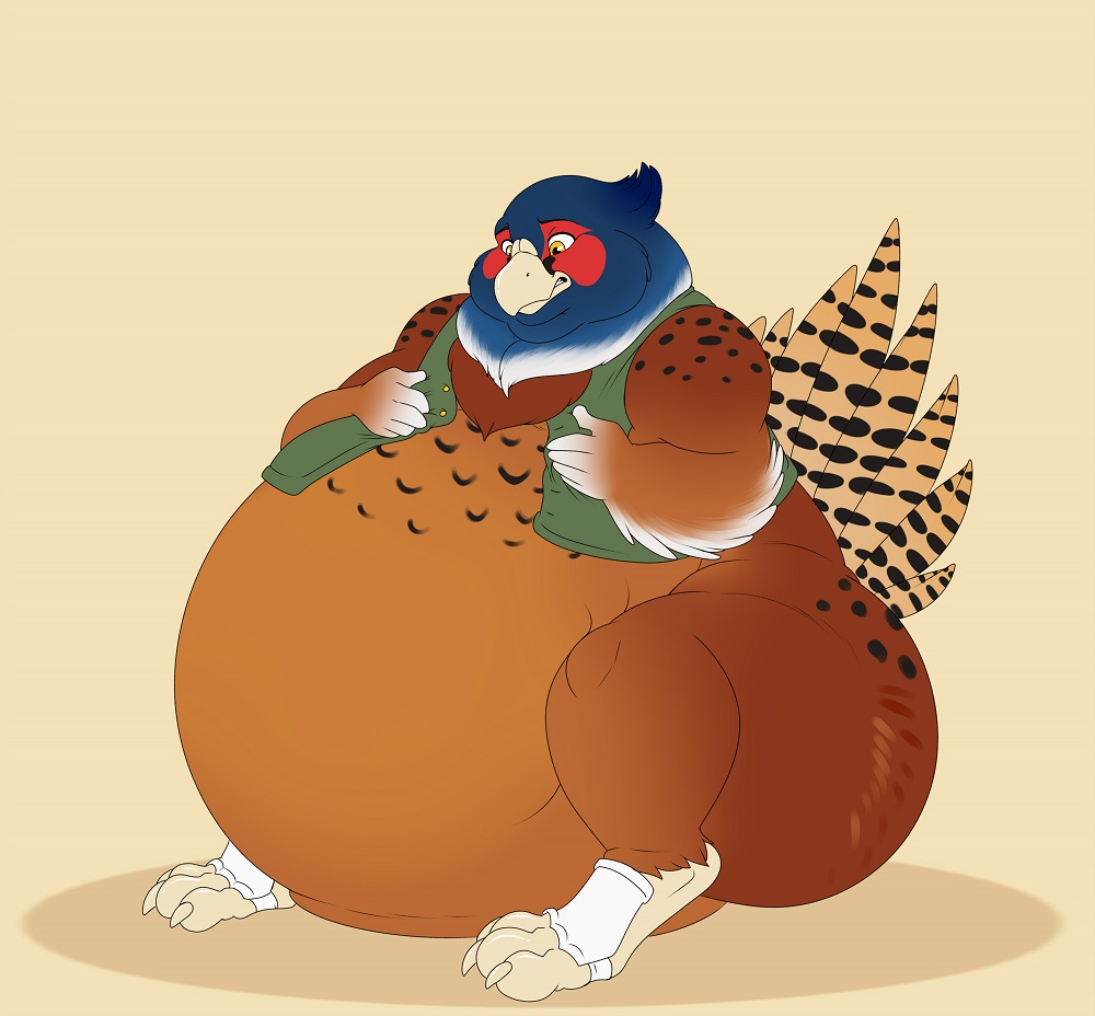 2017 3_toes 5_fingers anthro anuvia avian beak belly big_belly biped bird black_body black_eyebrows black_feathers blue_body blue_feathers brown_body brown_feathers claws clenched_teeth clothed clothing common_pheasant digital_media_(artwork) digitigrade eyebrows faisan_(foxcall) feathered_wings feathers feet fingers front_view galliform holding_clothing holding_object huge_hips huge_thighs hyper hyper_belly male morbidly_obese morbidly_obese_anthro morbidly_obese_male multicolored_body multicolored_feathers obese obese_anthro obese_male overweight overweight_anthro overweight_male partially_clothed phasianid phasianus red_body red_feathers scutes shaded shadow solo story story_in_description tail_feathers tan_beak tan_body tan_claws tan_feathers teeth thick_thighs tight_clothing tight_topwear tight_vest toe_claws toes topwear weight_gain white_body white_feathers wide_hips winged_arms wings yellow_eyes