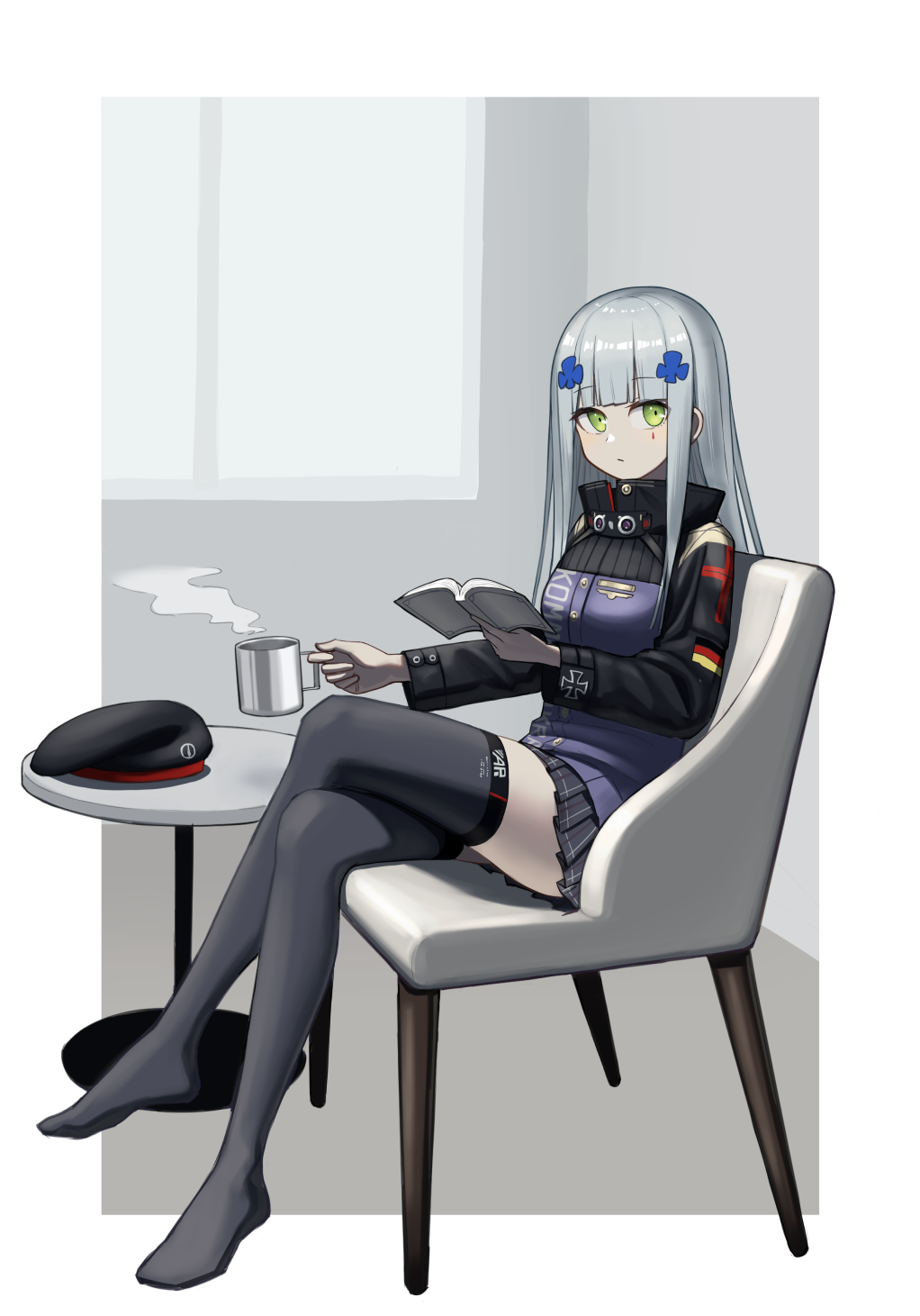 1girl bangs beret black_headwear black_legwear black_skirt book chair commentary_request commission crossed_legs cup expressionless eyebrows_visible_through_hair facial_mark full_body german_flag girls'_frontline green_eyes hair_ornament hat hat_removed headwear_removed highres hk416_(girls'_frontline) holding holding_book holding_cup jacket kawara_pigeon long_hair long_sleeves looking_at_viewer mug no_shoes on_chair pleated_skirt reading silver_hair sitting skeb_commission skirt solo table thighhighs