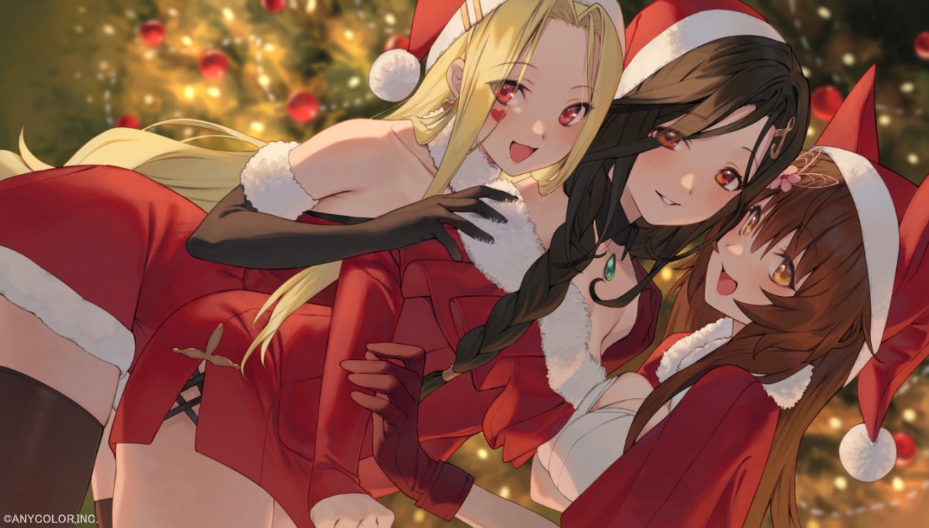 3girls :d animal_ears bangs black_collar black_gloves black_hair blonde_hair blurry blurry_background blush braid braided_ponytail breasts brown_hair brown_legwear butterfly_hair_ornament christmas_tree cleavage cleavage_cutout clothing_cutout collar collarbone copyright detached_collar dot_nose dress dutch_angle earrings elbow_gloves eyebrows_visible_through_hair eyes_visible_through_hair facial_mark flower fox_ears fox_girl frilled_dress frills fumi_(nijisanji) gem gloves grin hair_between_eyes hair_flower hair_ornament hand_on_another's_arm hat heart heart_facial_mark jewelry joker_(tomakin524) large_breasts long_braid long_hair long_sleeves looking_at_viewer luis_cammy mole multiple_girls necklace nijisanji open_mouth orange_eyes parted_bangs parted_lips red_dress red_eyes red_gloves santa_hat shirayuki_tomoe short_sleeves side_braid side_ponytail sidelocks sleeveless smile standing teeth thighhighs very_long_hair virtual_youtuber watermark yellow_eyes yuri