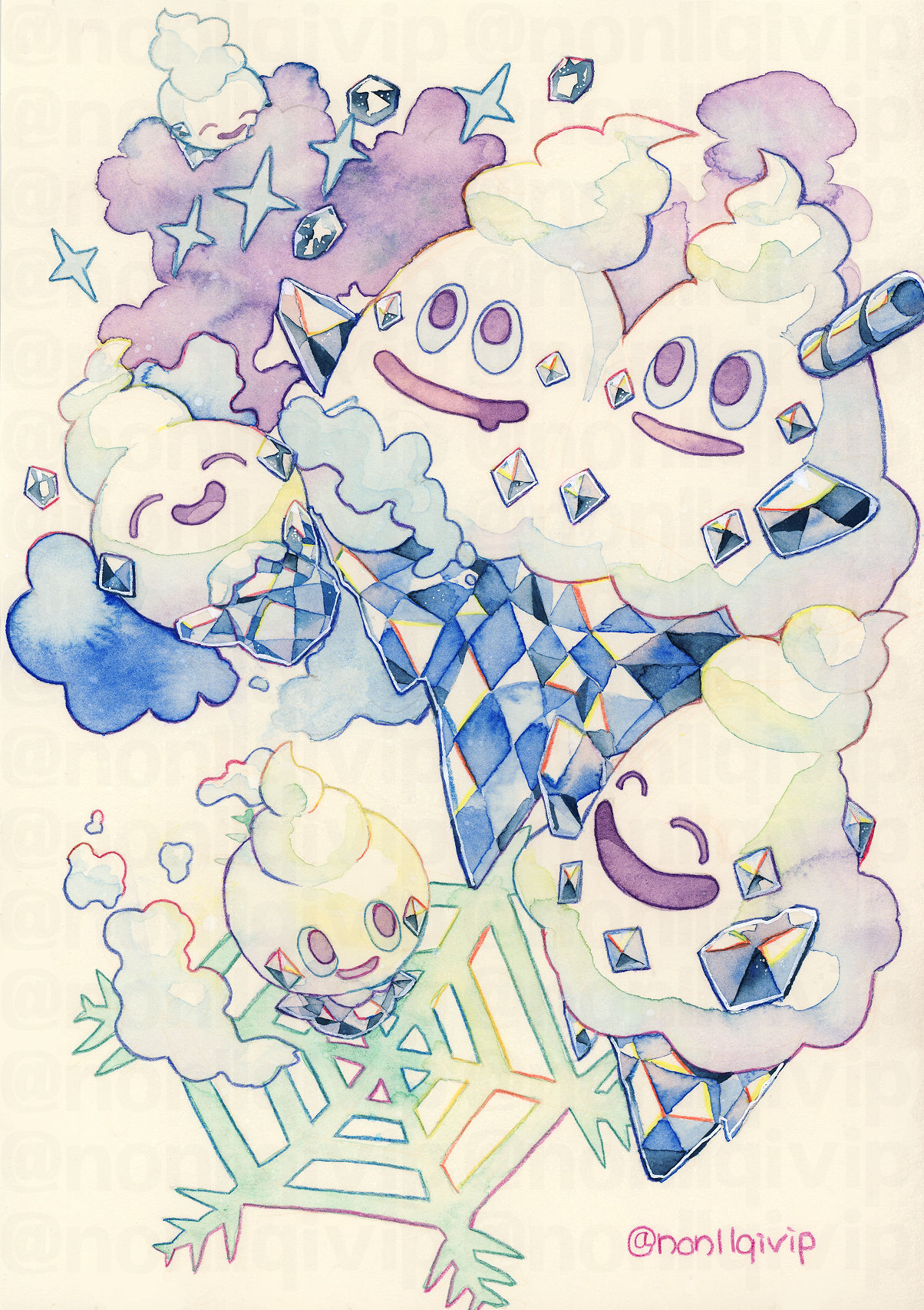 :d commentary_request drooling evolutionary_line fog highres mouth_drool no_humans nonllqivip open_mouth pokemon pokemon_(creature) smile snowflakes sparkle twitter_username vanillish vanillite vanilluxe