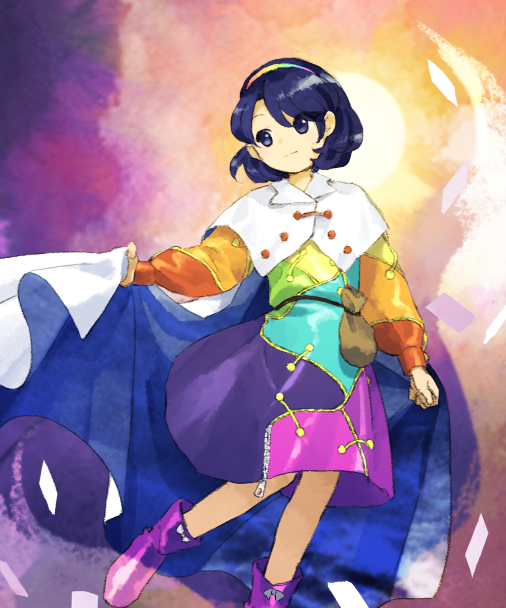 1girl bag bangs blue_cape blue_eyes blue_hair boots bow buttons cape cape_hold card clenched_hand closed_mouth dress eyebrows_behind_hair floating_card footwear_bow hair_behind_ear hairband highres kaigen_1025 long_sleeves looking_to_the_side multicolored_clothes multicolored_dress multicolored_hairband purple_footwear rainbow_gradient satchel short_hair solo sun swept_bangs tenkyuu_chimata touhou two-sided_cape two-sided_fabric white_bow white_cape zipper zipper_pull_tab