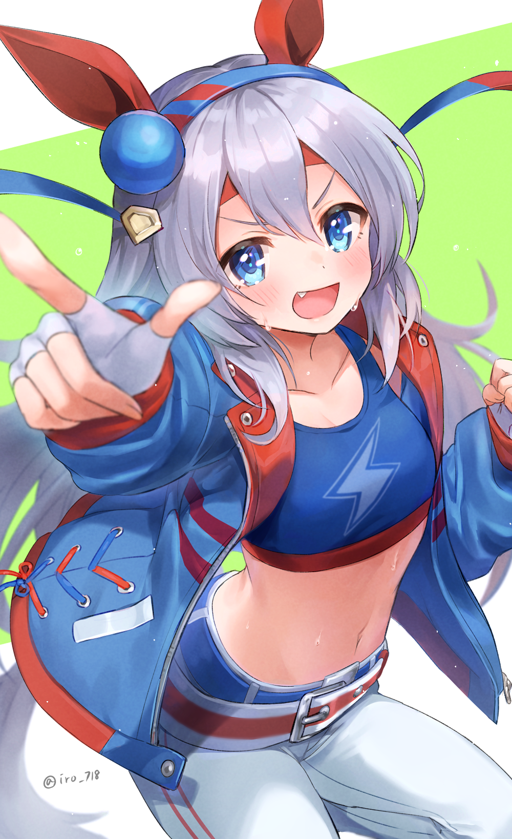 1girl :d animal_ears bangs belt blue_belt blue_eyes blue_hairband blue_jacket blue_tank_top blush breasts clenched_hand collarbone commentary cowboy_shot crop_top cropped_shirt ear_covers ear_ornament fang fingerless_gloves gloves green_background groin hair_between_eyes hairband headband highres horse_ears horse_girl horse_tail iro_178 jacket lightning_bolt_print long_hair long_sleeves looking_at_viewer midriff navel open_clothes open_jacket open_mouth pants pointing pointing_up red_belt red_headband shirt sidelocks silver_hair small_breasts smile solo standing standing_on_one_leg sweat tail tamamo_cross_(umamusume) tank_top twitter_username two-tone_background umamusume white_background white_gloves white_pants