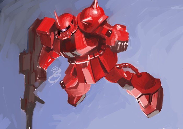 clenched_hand clip_studio_paint_(medium) completion_time e.j._su english_commentary flying gun gundam holding holding_gun holding_weapon mecha mobile_suit mobile_suit_gundam no_humans one-eyed science_fiction shoulder_spikes signature sketch solo spikes weapon zaku_ii_s_char_custom zeon