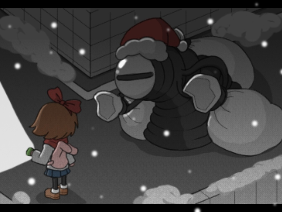 1girl animal_bag bag brown_hair bunny_bag christmas commentary_request flashlight full_body hair_ribbon hat holding holding_flashlight monster night outdoors protagonist_(yomawari) red_ribbon reisen_(reu62433) ribbon road santa_hat scarf short_hair shoulder_bag skirt snow snowing street yomawari yomawari-san yomawari_(series)