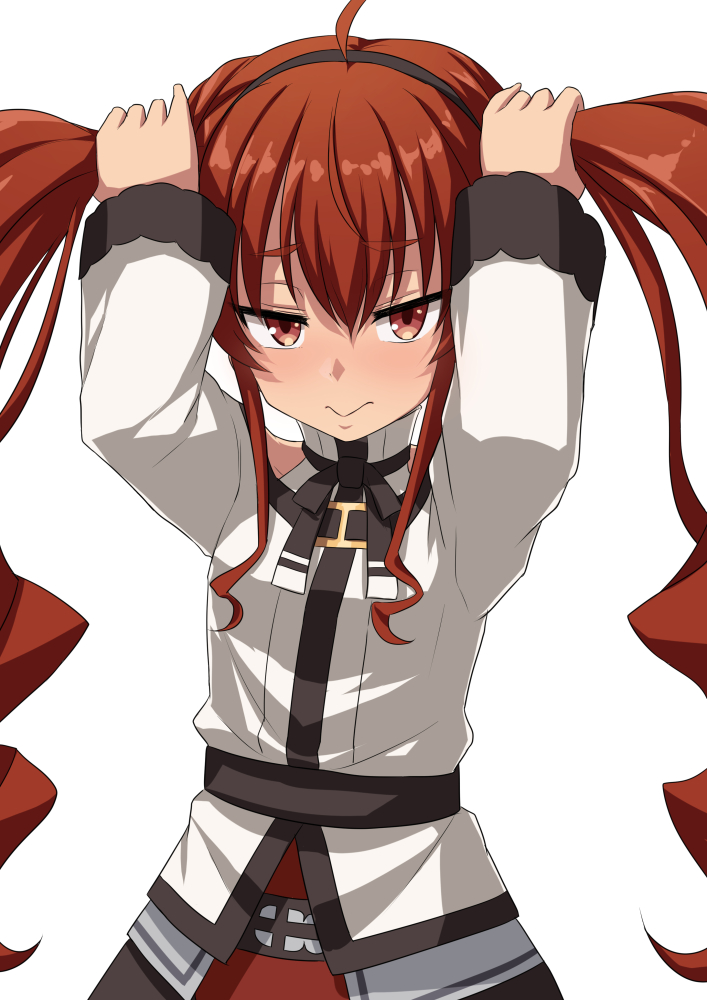 1girl ahoge arms_up bangs black_hairband blush bunching_hair closed_mouth commentary_request cowboy_shot eris_greyrat eyebrows_visible_through_hair hair_between_eyes hairband long_hair long_sleeves looking_at_viewer mushoku_tensei partial_commentary red_eyes red_hair simple_background solo standing umarutsufuri very_long_hair white_background