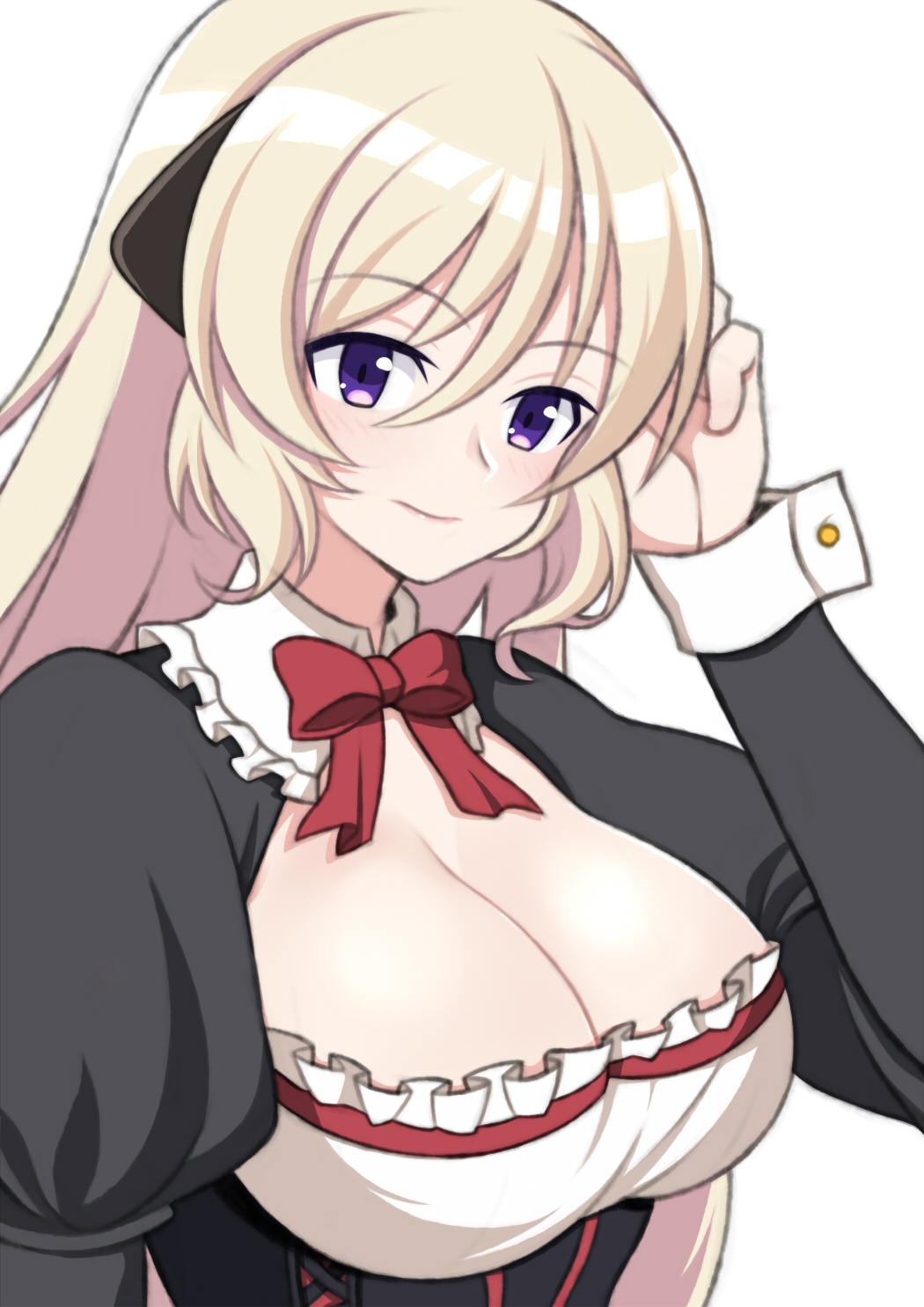 1girl adjusting_hair battle_rifle blonde_hair bow breasts cleavage cleavage_cutout clothing_cutout commission dress english_commentary eyebrows_visible_through_hair frilled_dress frills g3_(battlefield_baker)_(girls'_frontline) g3_(girls'_frontline) girls'_frontline gun h&amp;k_g3 hair_between_eyes headgear highres jjuwaap juliet_sleeves large_breasts long_hair long_sleeves looking_at_viewer maid puffy_sleeves purple_eyes red_bow rifle simple_background smile solo upper_body weapon white_background